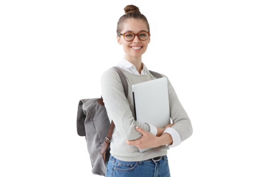 Student girl in glasses holding closed laptop with positive smile, looking forward to studying in college