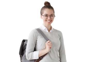 Smiling college student girl holding her gray backpack