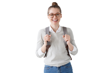 Happy college student girl holding backpack