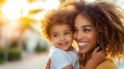 Fototapeta premium A joyful mother and her adorable child share a tender hug outdoors, both beaming with happiness as the sun sets, capturing a beautiful moment of love and connection.