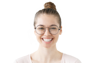 Joyful woman with a broad smile, radiating happiness and positivity