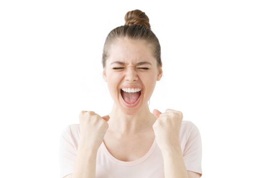 Happy girl holding hands in gesture of winner, looking happy