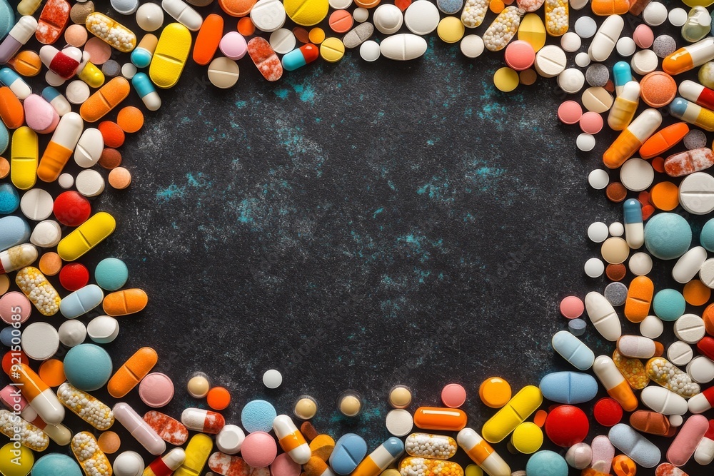 Poster cosmic swirl of assorted pills on a celestial background illustrating healthcare dynamics