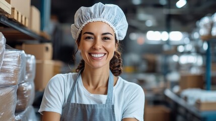 A cheerful woman in a lab coat and hairnet, smiles while managing her tasks in a clean factory setting, demonstrating food production processes with boxes in the background.