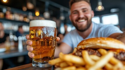 A happy man holding a beer mug and sitting in a bustling bar, enjoying a delicious burger with fries, surrounded by people and lively atmosphere.
