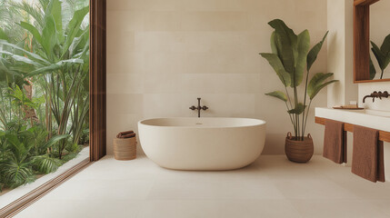 Fototapeta premium interior design for tropical house, bathroom design, plaster, big white tiles on the floor, natural light come in, a few tall plants, brown cloths decorated.
