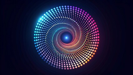 Abstract circular logo featuring 360-degree spiral pattern with small connected dots, symbolizing unity, wholeness, and harmony in a modern, sleek, and futuristic design.