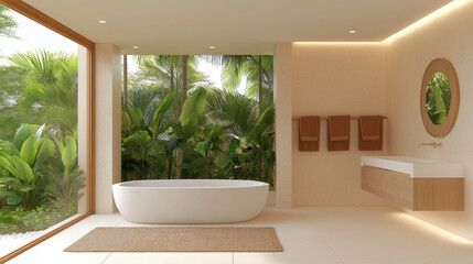 Fototapeta premium interior design for tropical house, bathroom design, plaster, big white tiles on the floor, natural light come in, a few tall plants, brown cloths decorated.