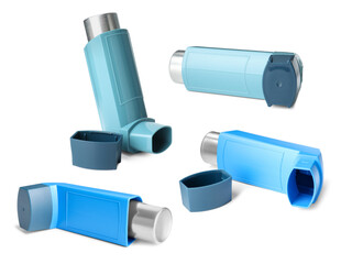 Inhalers isolated on white, collage. Asthma treatment