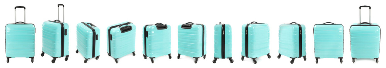 Set of turquoise suitcase on white background, view from different sides