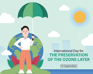 illustration vector graphic of a man uses an umbrella in hot weather, perfect for international day, the preservation of ozone layer, celebrate, greeting card, etc.