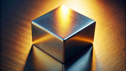 A close-up of a metallic square object reflecting light, its polished surface radiating a brilliant shine, with subtle gradations of tone and texture.