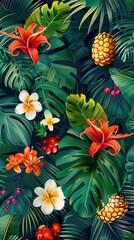 Fototapeta premium A vibrant display of tropical flowers and fruits surrounded by lush green foliage