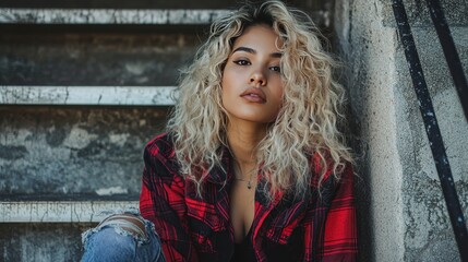 Obraz premium Adult Latino Woman with Blond Curly Hair creative poster.