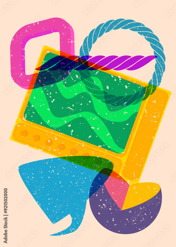 Poster risograph television with speech bubble with geometric shapes. objects in trendy riso graph print te