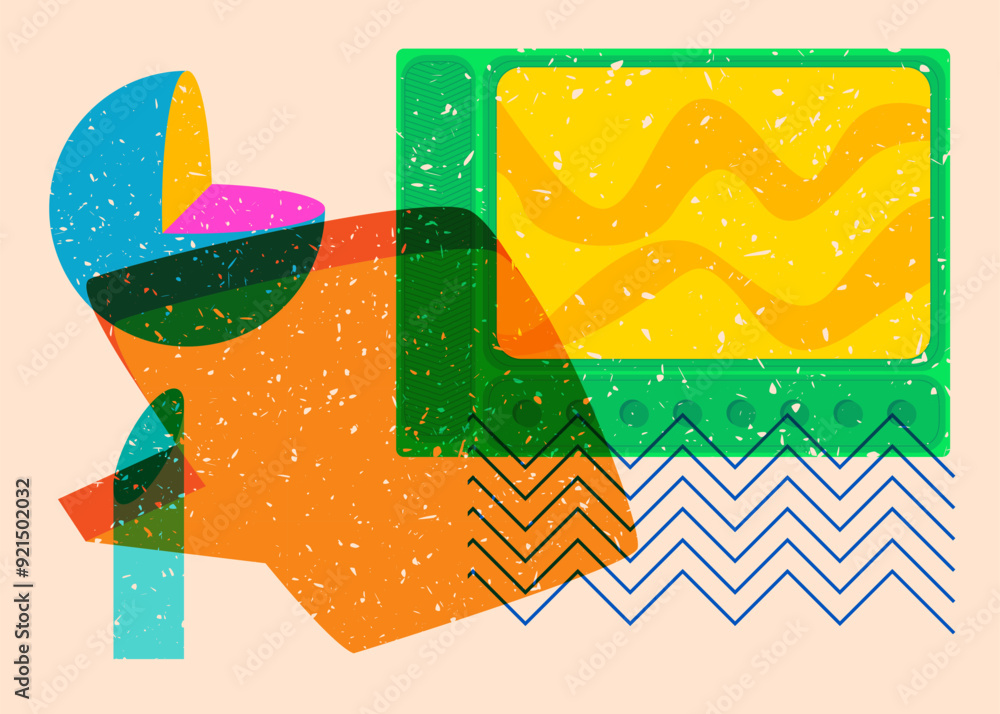 Poster risograph television with speech bubble with geometric shapes. objects in trendy riso graph print te