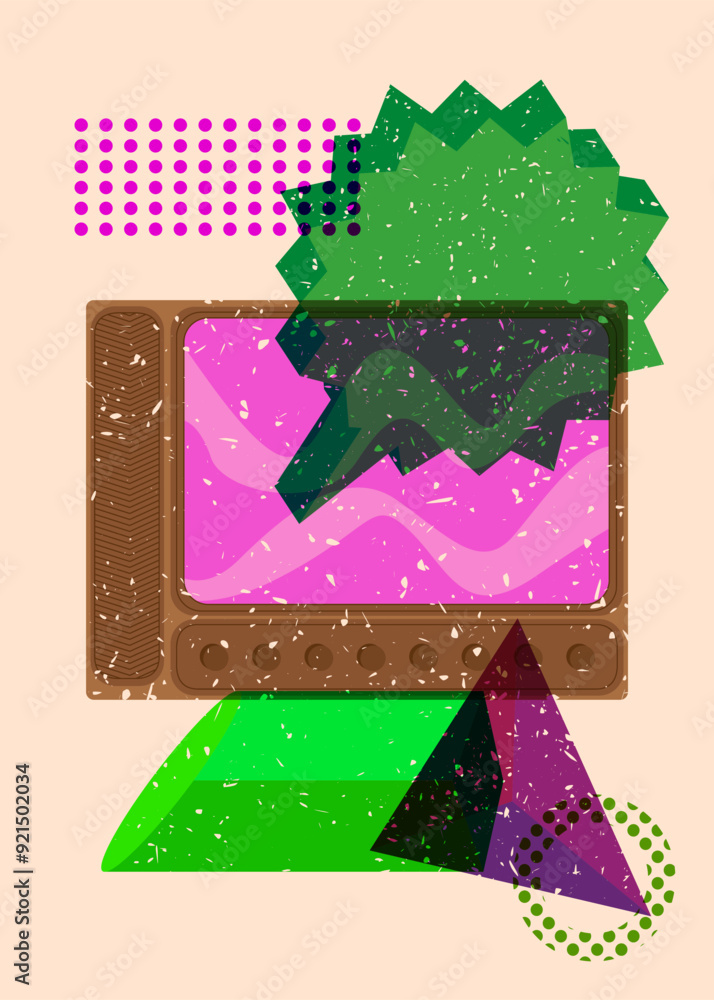 Poster risograph television with speech bubble with geometric shapes. objects in trendy riso graph print te