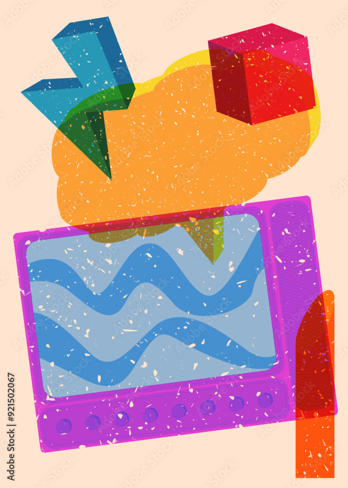 Poster risograph television with speech bubble with geometric shapes. objects in trendy riso graph print te
