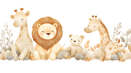 Adorable Safari Friends Watercolor Illustration: A charming watercolor illustration featuring a lion, two giraffes, and a bear cub, all sitting together in a peaceful and playful scene. Perfect for ch