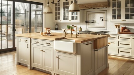 Modern farmhouse kitchen showcasing a spacious island with a butcher block countertop, white cabinetry, a farmhouse sink, and industrial-style pendant lights for a cozy vibe