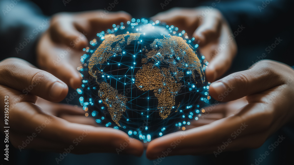 Poster global business and digital organization with a team working on network connections and data exchang