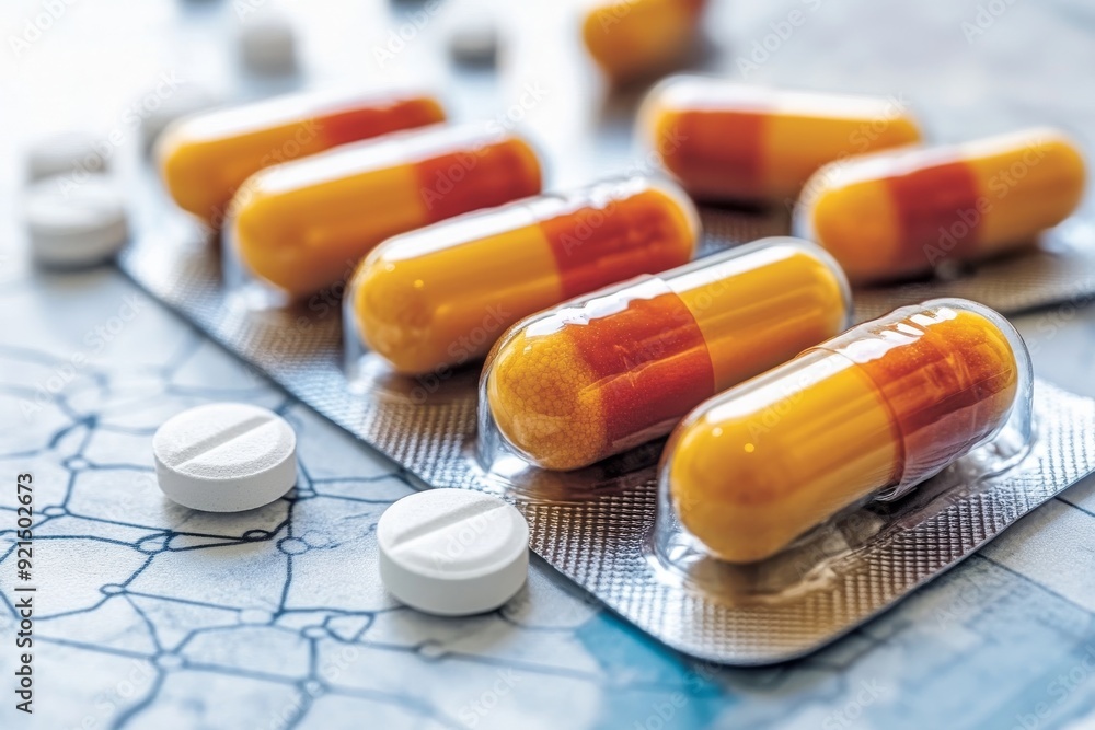Poster dynamic display of multicolored capsules representing comprehensive healthcare solutions