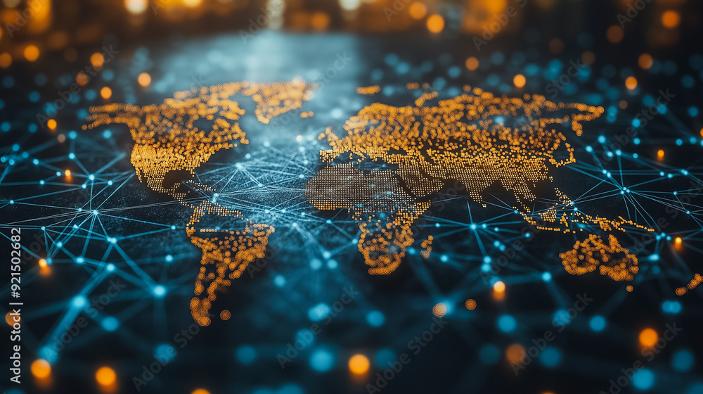 Poster global business and digital organization with a team working on network connections and data exchang