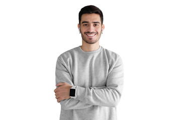 Young european man standing dressed in sweatshirt, showing smile, mockup for smartwatch app