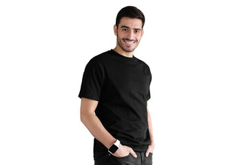 Portrait of young man standing and looking optimistic in casual clothes