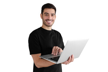 Portrait of young man in black t-shirt holding laptop and watching media with smile, sharing web content