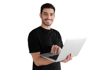 Portrait of young man in black t-shirt holding laptop and watching media with smile, sharing web content
