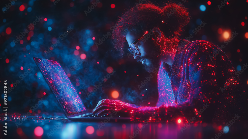 Poster it support concept featuring a software engineer on a laptop, focusing on customer service, global n