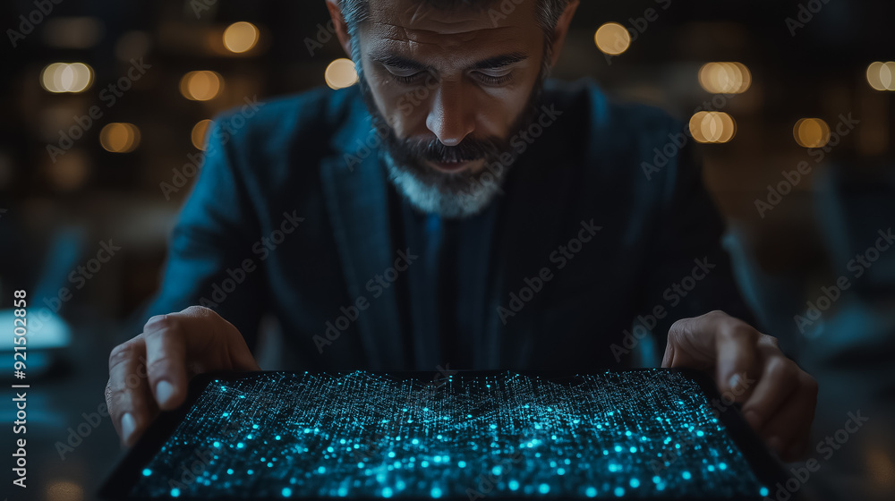 Poster blockchain technology and data encryption concept, with a businessman using a digital tablet featuri