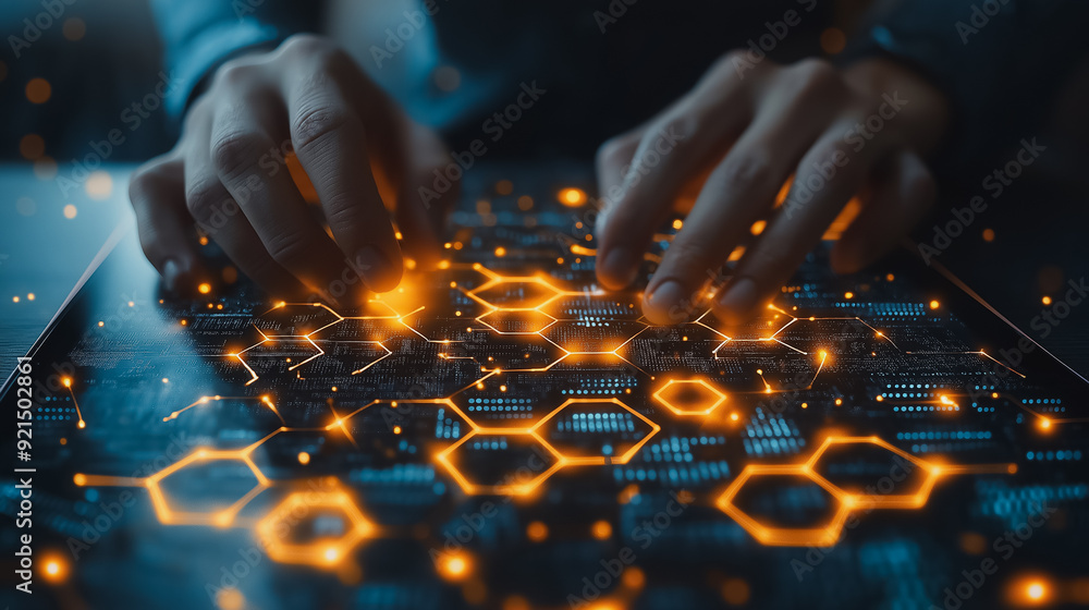 Poster blockchain technology and data encryption concept, with a businessman using a digital tablet featuri