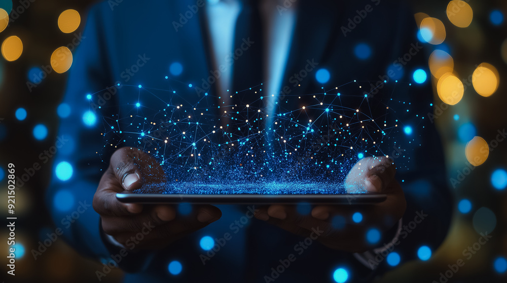 Poster digital tablet in the hands of a businessman, highlighting blockchain technology, data encryption, a