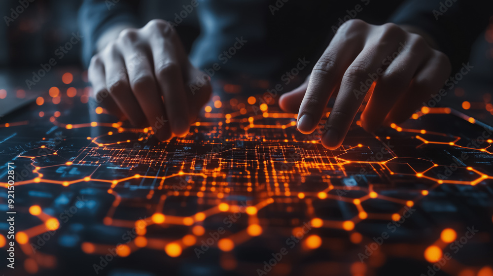 Poster businessman utilizing a digital tablet for blockchain technology and data encryption, showcasing ai,