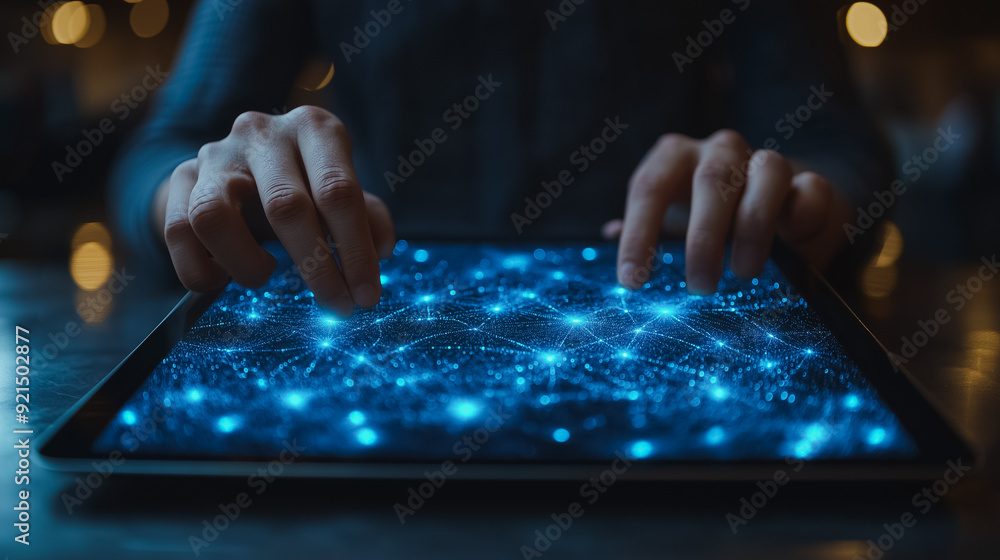 Poster businessman utilizing a digital tablet for blockchain technology and data encryption, showcasing ai,