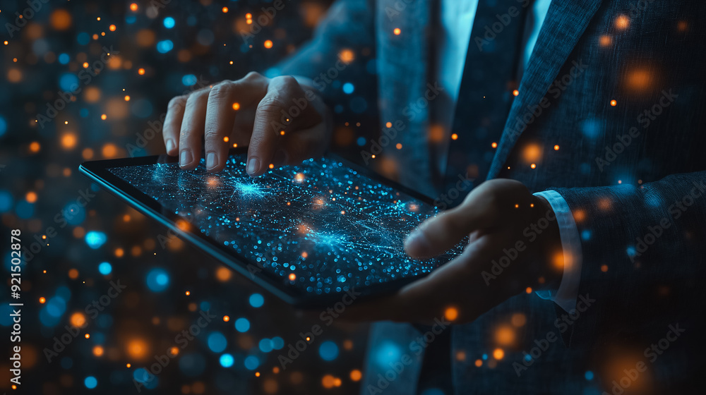 Poster digital tablet in the hands of a businessman, highlighting blockchain technology, data encryption, a