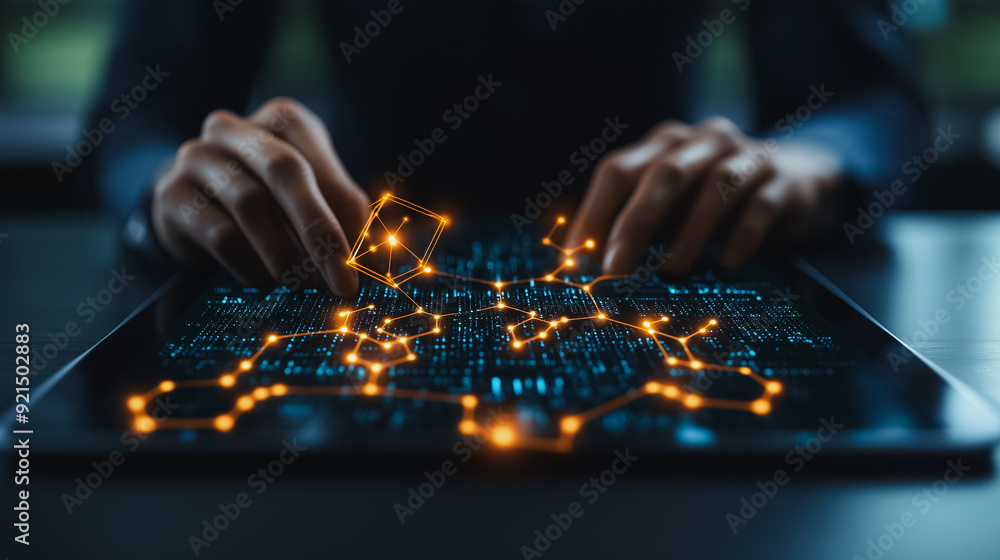 Poster blockchain technology and data encryption concept, with a businessman using a digital tablet featuri