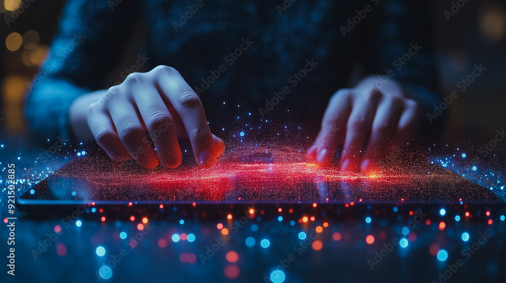 Poster businessman utilizing a digital tablet for blockchain technology and data encryption, showcasing ai,