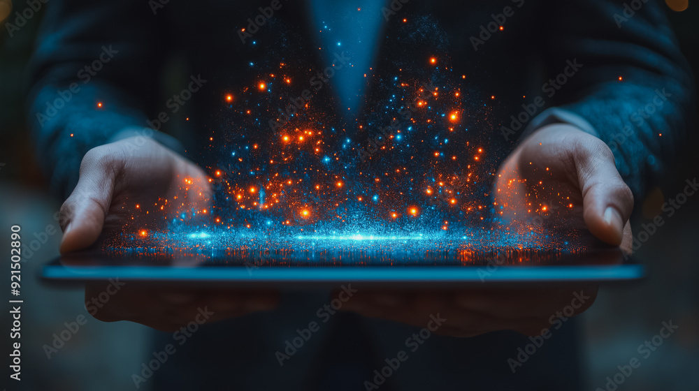 Poster digital tablet in the hands of a businessman, highlighting blockchain technology, data encryption, a