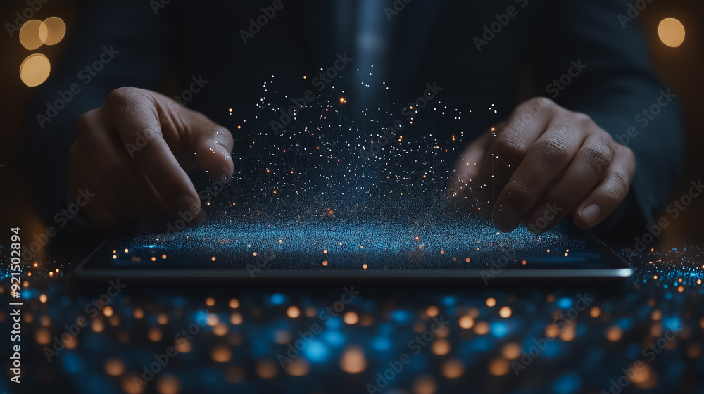 Poster digital tablet in the hands of a businessman, highlighting blockchain technology, data encryption, a