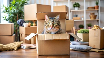 Adorable cat peeking out of a cardboard box amidst chaotic piles of furniture and household items during a busy home moving process.