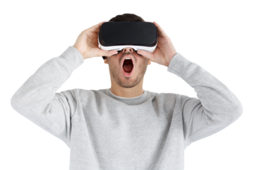Screaming man experiencing virtual reality with VR headset