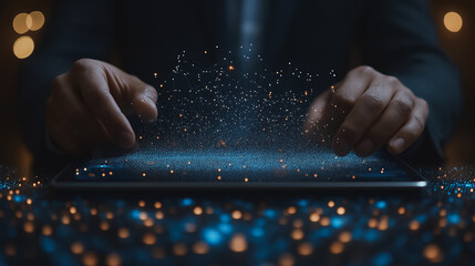 Digital tablet in the hands of a businessman, highlighting blockchain technology, data encryption, AI, data science, cloud computing, and database management in a modern tech setting