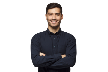 Smiling businessman in deep blue shirt with arms crossed