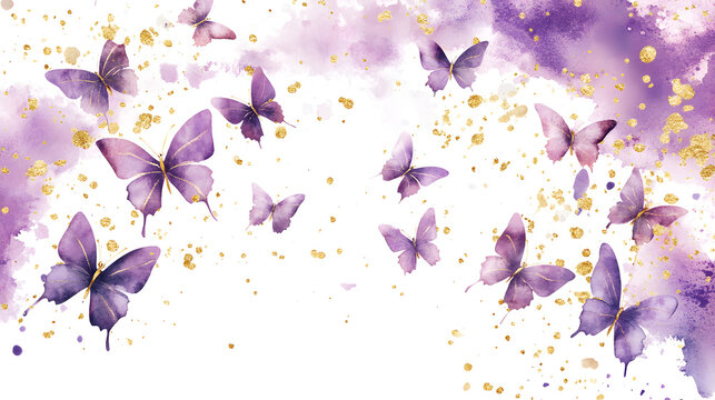 Purple Butterfly Dreamscape: Watercolor butterflies flutter through a whimsical purple and gold dreamscape, evoking tranquility and ethereal beauty. 