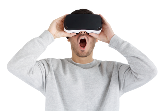 Screaming man experiencing virtual reality with VR headset