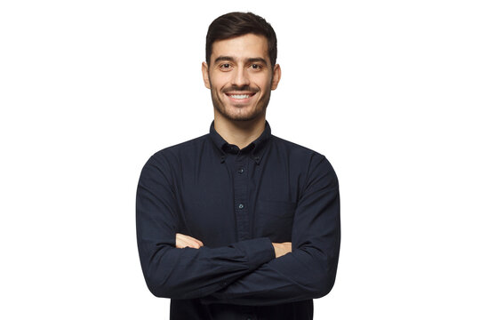 Smiling businessman in deep blue shirt with arms crossed - Powered by Adobe