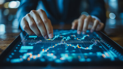 Fototapeta premium Sales data and financial report analysis by a businessman on a tablet, highlighting business growth graph charts, digital marketing strategy, and investment concepts